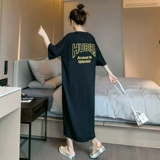 Длинная футболка с коротким рукавом, платье-футболка, черная юбка, по фигуре, оверсайз, большой размер, в корейском стиле
