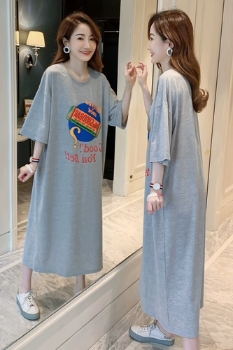 Длинная футболка с коротким рукавом, платье-футболка, длинная юбка, длина макси, коллекция 2022, в корейском стиле, большой размер