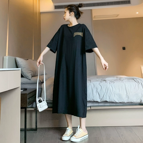 Длинная футболка с коротким рукавом, платье-футболка, черная юбка, по фигуре, оверсайз, большой размер, в корейском стиле
