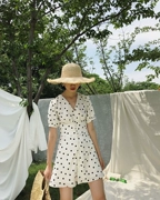 [MICHELLY.MO] Pháp retro tính khí thanh lịch sexy trắng polka dot V-cổ ngắn tay đầm A-line váy