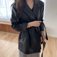 2019 làn sóng mới mùa xuân và mùa thu Hàn Quốc của quần áo xe máy đoạn ngắn giản dị pu đen lỏng thắt lưng da áo khoác nữ - Quần áo da áo da nữ