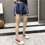 9929 quần short 2018 mùa thu mới Hồng Kông hương vị chic eo thư khâu da quần short mỏng chân rộng