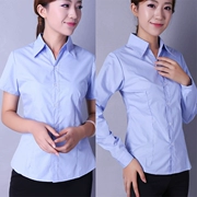 Mới mùa thu của phụ nữ yếm dụng cụ văn phòng chuyên nghiệp mặc màu xanh dài tay áo sơ mi eo OL áo sơ mi