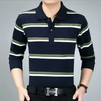 Áo thun cotton nam tay dài mặc áo sơ mi POLO sọc rộng trung niên cỡ lớn Áo thun xuân mới quần áo nam - Polo áo poloman