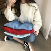 Đồ dệt kim nữ mùa thu và đông mới phiên bản Hàn Quốc của áo cổ tròn rộng mohair mohair dài tay học sinh áo len lưới màu đỏ áo len