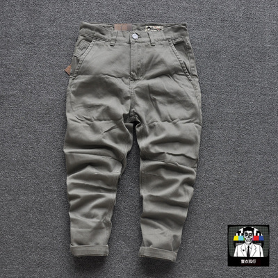 Mỹ retro giản dị đơn giản thanh lịch cổ điển twill retro rửa chín điểm quần âu màu rắn dụng cụ thủy triều quần short jean nam Crop Jeans