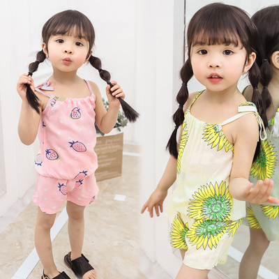 Cô gái bé bông lụa phù hợp với 2018 mùa hè mới trẻ em đại dương sling bộ hai mảnh mùa hè nhà quần áo đồ ngủ