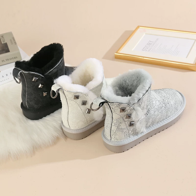Ременные снегоступы женские sheepskin шерсть интегрированный короткий чехол трещиноватая кожа водонепроницаемые водостойкие тёплые зимние холодостойкие короткие ботинки снег хлопок обувь