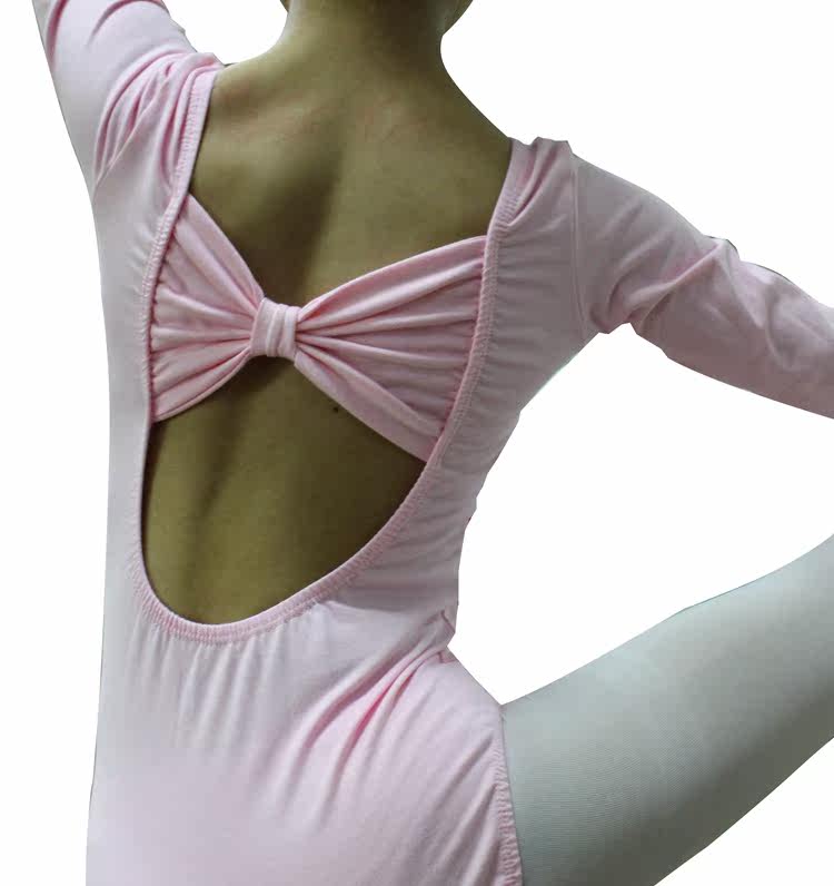 2015新款儿童舞蹈长袖后背蝴蝶结棉开档练功表演体操舞蹈服可批发