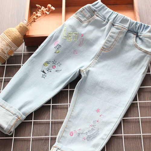 Светлые весенние джинсы, детские штаны, 2020, с вышивкой, эластичная талия
