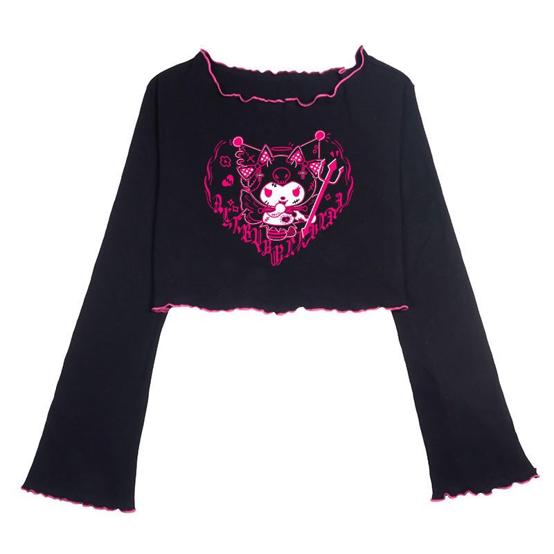 Kuromi Black T-shirtsolar system Soft girl lovely Harajuku Sweet cool handsome Academic atmosphere jk lattice Close your waist Show thin camisole lace skirt