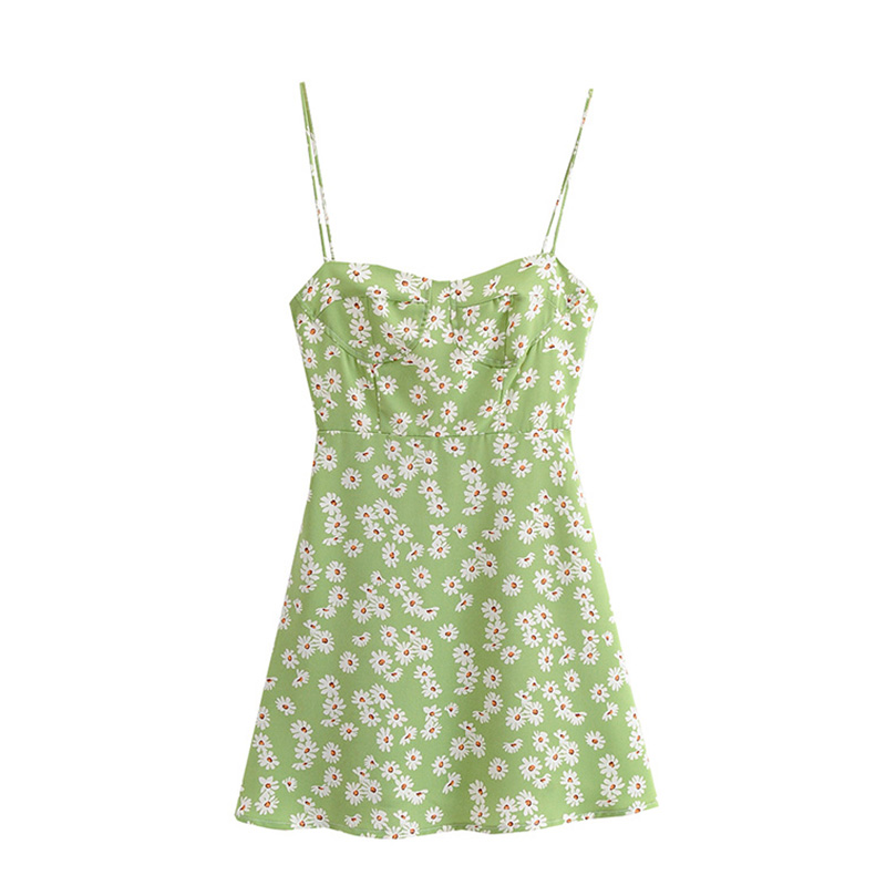 GreenElegant style ins Superfire Daisy Broken flower Self cultivation braces skirt French Retro girl college printing Dress