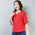 2019 mùa hè mới cộng với kích thước của phụ nữ thêu văn học cotton và vải lanh T-shirt retro lỏng lẻo và mỏng đầu tay áo - Áo sơ mi