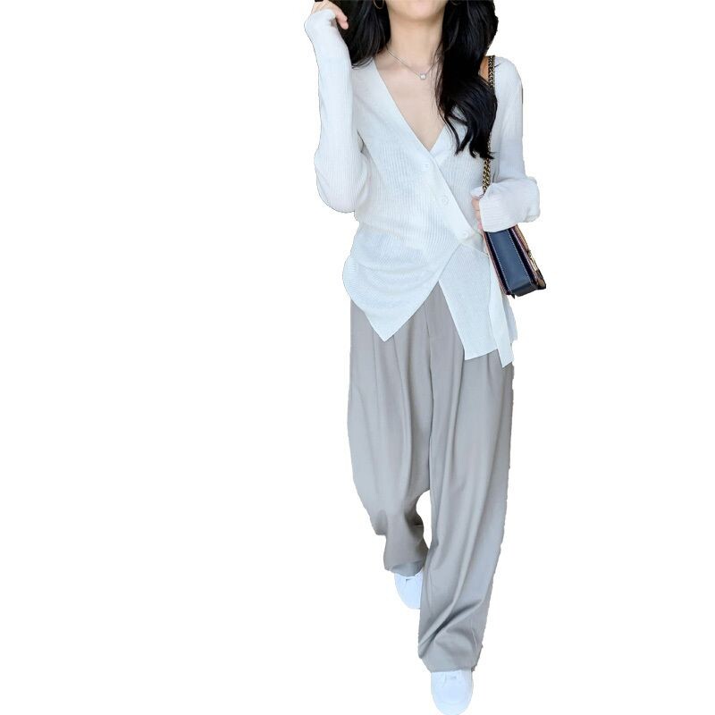 Lulu Chico Korean-style grey casual pants for women in autumn, high-waisted, drape straight-leg pants, loose, full-length, floor-length sweatpants Item Picture