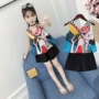 Cô gái mùa hè 2018 mới 3 thời trang thiết lập chiffon 11 tuổi cô gái đại dương rò rỉ vai quần short hai mảnh thiết lập 9 quần ống rộng cho bé gái