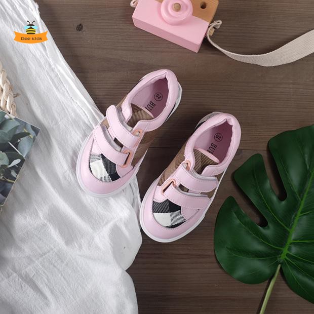 Pink2020 Autumn  children men and women child heavy industry lattice canvas shoe Velcro pigskin soft sole student Kick on skate shoes