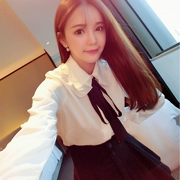 Mùa thu và mùa đông Phụ nữ phiên bản Hàn Quốc của dây đai trường học nơ ren áo trắng áo sơ mi trắng phụ nữ áo dài tay