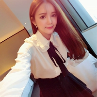 Mùa thu và mùa đông Phụ nữ phiên bản Hàn Quốc của dây đai trường học nơ ren áo trắng áo sơ mi trắng phụ nữ áo dài tay áo sơ mi nữ kẻ caro nhỏ