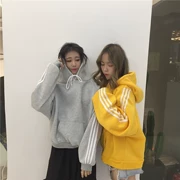 Mùa thu của phụ nữ Hàn Quốc phiên bản của Harajuku gió tay áo ba thanh sọc sinh viên dài tay áo len trùm đầu những người yêu thích áo sơ mi