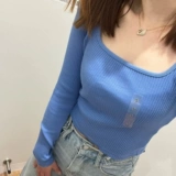 Uniqlo, лонгслив, короткая базовая приятная телу футболка, (в наличии на складе), квадратный вырез