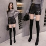 Quần áo thu đông 2018 phiên bản mới của Hàn Quốc quần da pu nữ quần short cạp cao eo thon thon chân rộng Một từ bên ngoài mặc quần bốt đồ công sở nữ