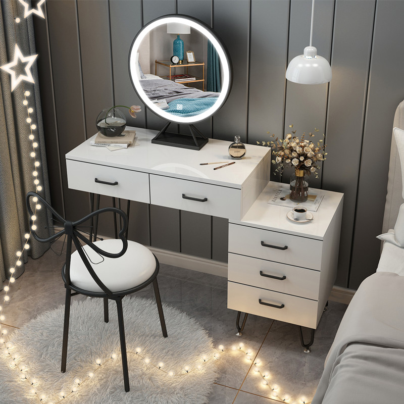 Black 90 Table + Three Color LED Mirror + Chair + CabinetNorthern Europe dresser bedroom Internet celebrity Ins wind Modern simplicity Large-sized apartment Dressing table female small-scale dresser With lamp