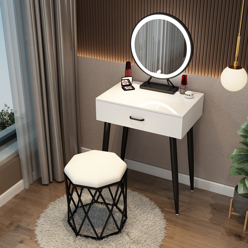 Black Steel Pipe Leg 60 + Three Color LED Mirror + Bird's Nest StoolNorthern Europe dresser bedroom Internet celebrity Ins wind Modern simplicity Large-sized apartment Dressing table female small-scale dresser With lamp