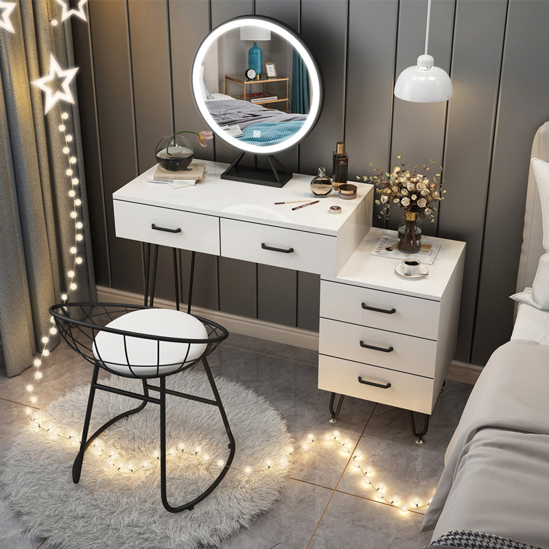 Black 80 Table + Three Color LED Mirror + Chair + CabinetNorthern Europe dresser bedroom Internet celebrity Ins wind Modern simplicity Large-sized apartment Dressing table female small-scale dresser With lamp