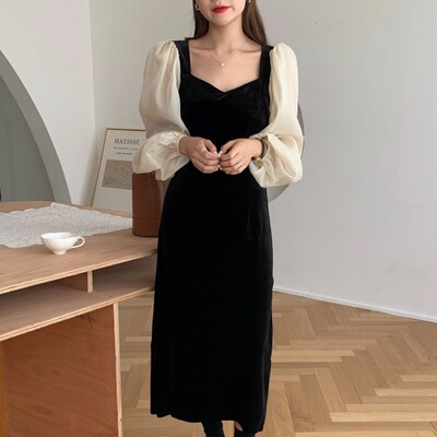 taobao agent Spring fitted long dress, velvet long skirt, 2021 collection, Korean style, mid-length