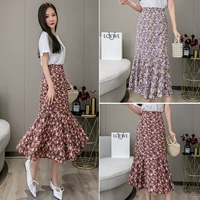 Летняя длинная шифоновая элегантная модная юбка, коллекция 2021, средней длины, высокая талия, цветочный принт, А-силуэт, рыбий хвост