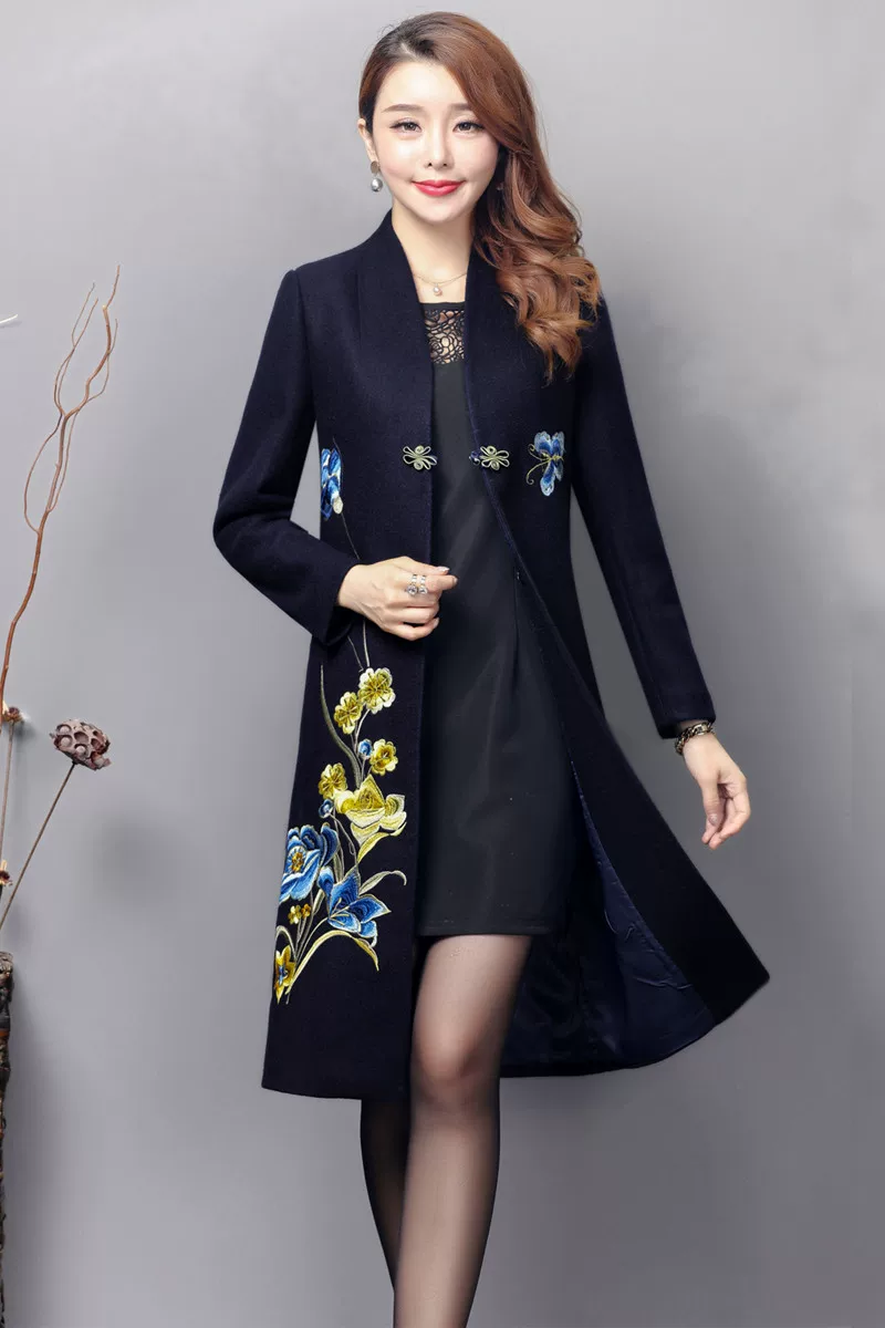 Осеннее длинное шерстяное пальто, этническое trench-coat, до середины колена, большой размер, этнический стиль, с вышивкой, облегающий