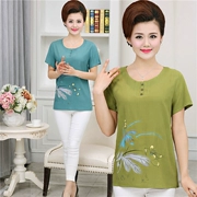 Trung niên và người cao tuổi linen giản dị mẹ ăn mặc mùa hè ngắn tay cotton và linen t-shirt quần áo lỏng kích thước lớn của phụ nữ áo nhỏ