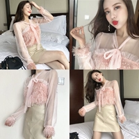 Xuân 2018 mới thắt nơ mới áo blouse khâu tay áo dài phối lưới gợi cảm áo thun nữ áo sơ mi nhung tăm