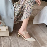 [包头半拖鞋女夏外穿时尚真皮高跟珍珠仙女细跟法式复古尖头穆勒鞋]