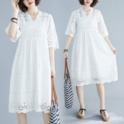 Mùa hè 2019 phiên bản Hàn Quốc mới của chiếc đầm cổ rộng cỡ lớn màu trắng siêu cổ của phụ nữ là một chiếc váy mỏng - A-Line Váy