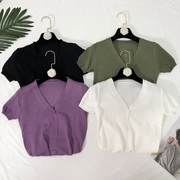 FAYEYE SHOP tím V-Cổ gió lười áo len cardigan nữ mùa hè áo khoác ngắn tay áo sơ mi mỏng phần bên ngoài