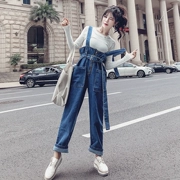 Quần denim nữ mùa thu 2018 phiên bản Hàn Quốc của đại học mới gió giản dị eo cao phía trước dây kéo với hoa yếm