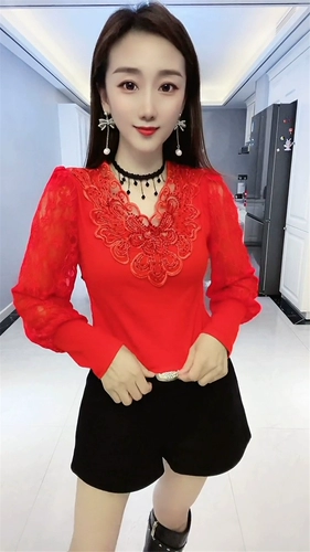 Интернет -знаменитость мода женская одежда 2022 Весна и осень Новая высокая высокая чувства китайская красная кружевная рубашка универсальный дизайн