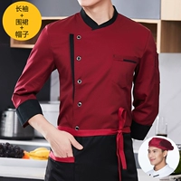 Красный лонгслив, фартук, шапка