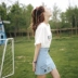 2018 mùa hè mới Hàn Quốc thêu quần áo nữ trumpet tay áo ngắn tay T-Shirt nữ áo loose tính từ bi áo thun tay lỡ Áo phông