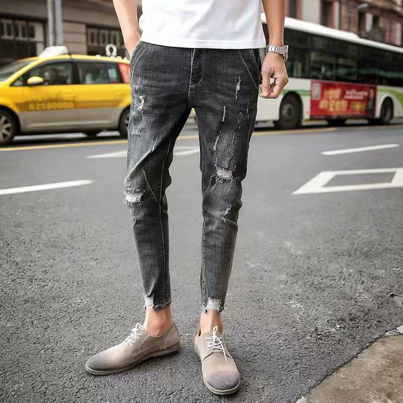 Tattered jeans men's fashion cropped pants spring and summer Vintage men's fashion beggar pants men's