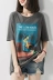 の [TX192576MG] Cười Hange retro hơi thở sơn cô gái mô hình cotton tự nhiên vòng cổ ngắn tay T-Shirt