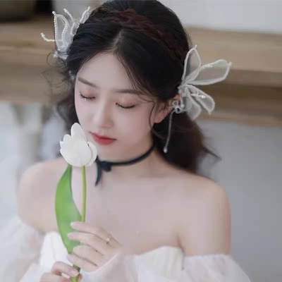 taobao agent White pearl Super Fairy Butterfly headdress, a hair clip children's bride accessories, tassel hair jewelry, female Liu Su wedding dress
