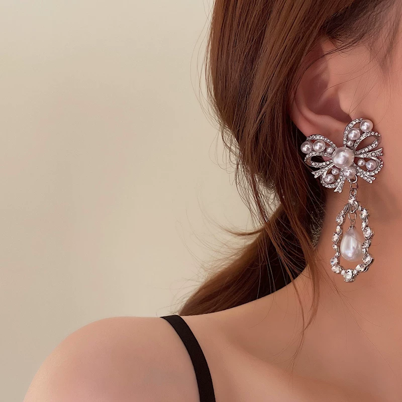 Серьги-подвески из жемчига с бантиком, каплевидные, французский стиль, стиль высокого качества