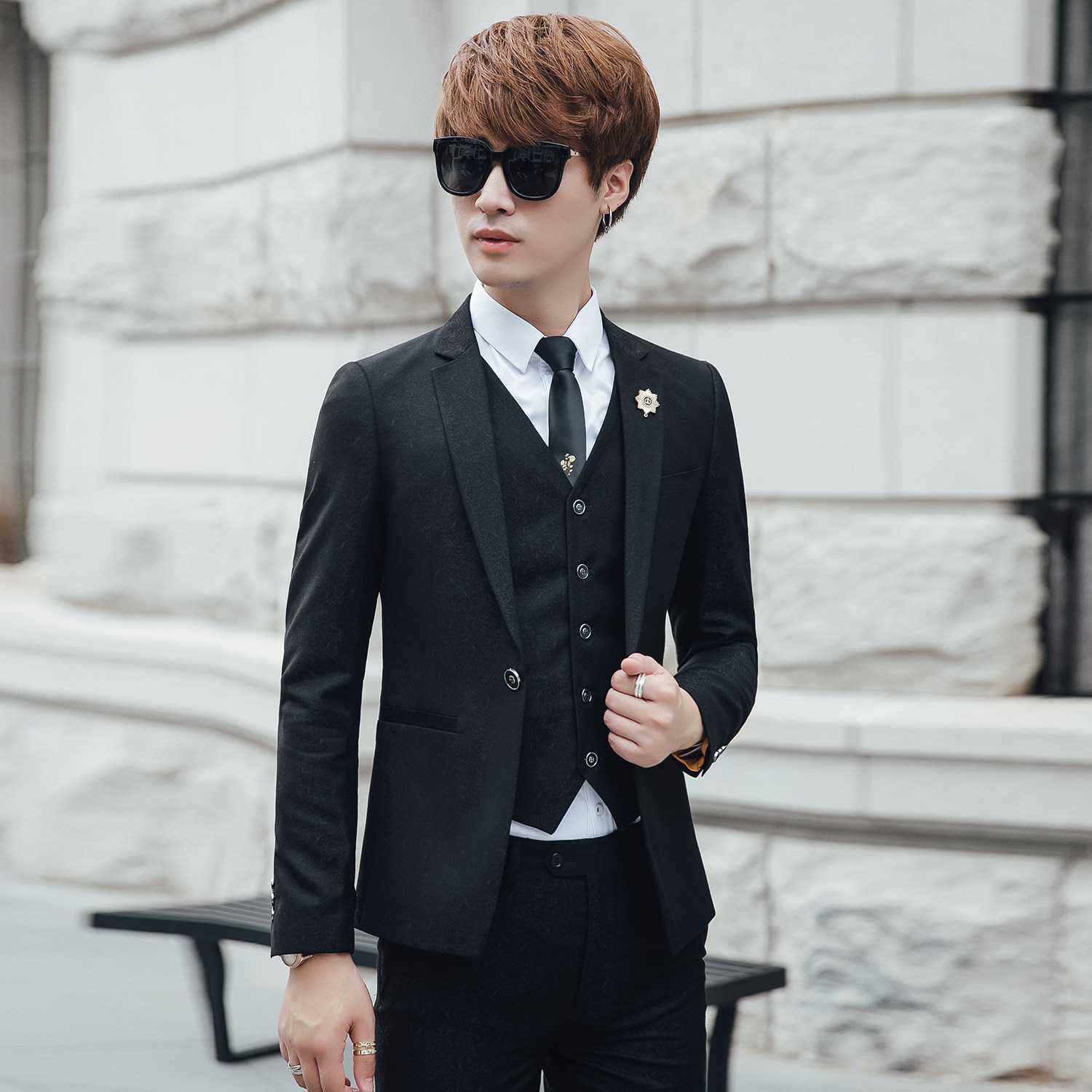 18秋新款高端暗花主持英伦绅士男修身单排扣西服三件套xw03-p285