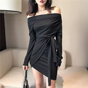 Mùa thu quần áo nữ 2018 phiên bản Hàn Quốc mới của trái tim của từ off-the-vai đầm khí Slim băng bất thường váy đen