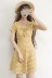 Mùa hè Hàn Quốc của Phụ Nữ Ren V-Cổ Mỏng Mỏng Tay Áo Đầm Đại Học Gió Bow Kẻ Sọc A-Line Váy