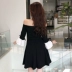 Mùa xuân mới của phụ nữ Hàn Quốc phiên bản của từ cổ áo quây khí màu đen và trắng khâu trumpet tay áo sinh viên một từ trang phục nữ A-Line Váy