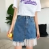 Mùa hè Hàn Quốc phụ nữ mới mỏng khâu ren bên váy chia ngã ba đính cườm cao eo váy denim chân váy xếp ly dài Váy