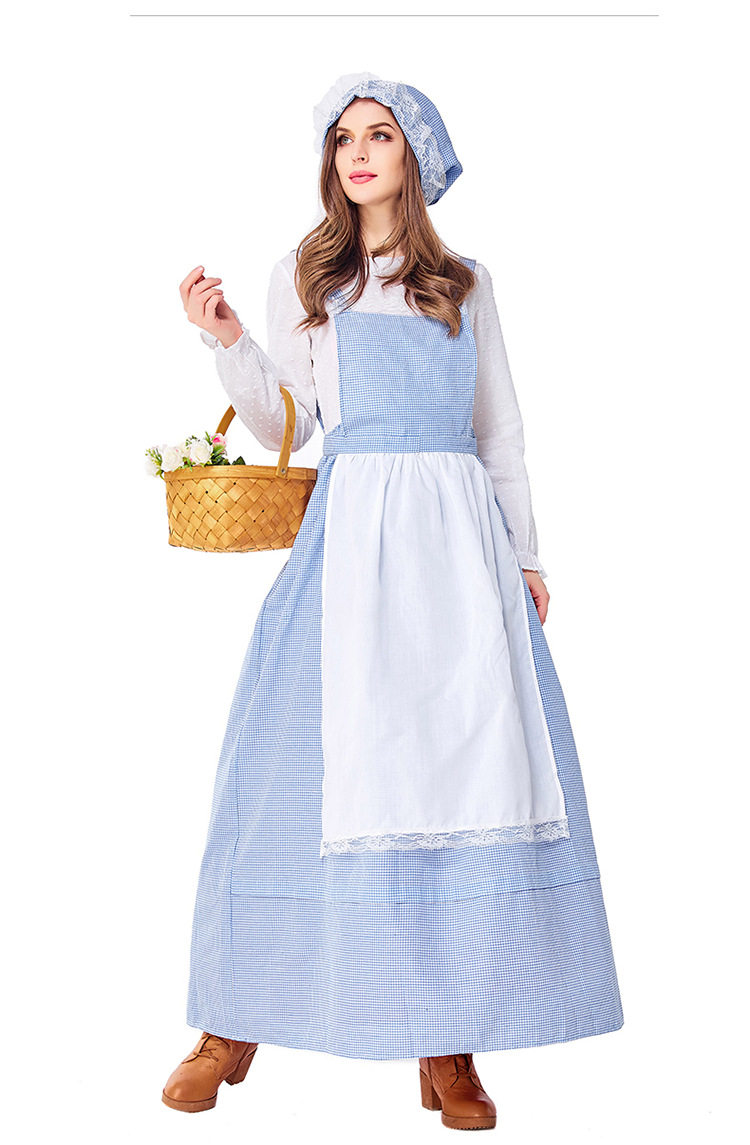 欧美农庄女佣服格子连衣裙厨娘女仆装加大码田园风长裙